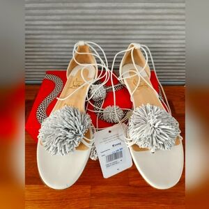 CHRISTIAN  LOUBOUTIN  TSAROU FHITE POM POM FLAT 37.5